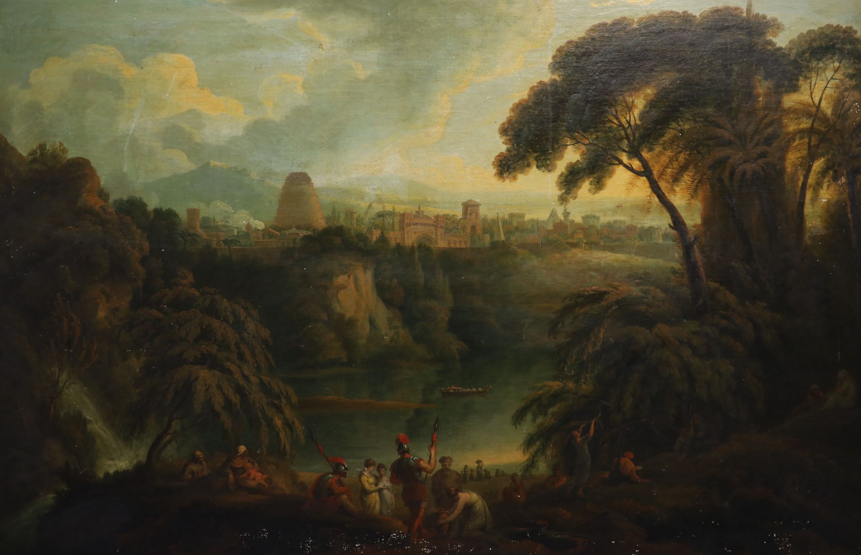 J. Janvers (18/19th C), Italianate landscape with Roman figures in the foreground and a city beyond, Oil on canvas, 90 x 136cm.